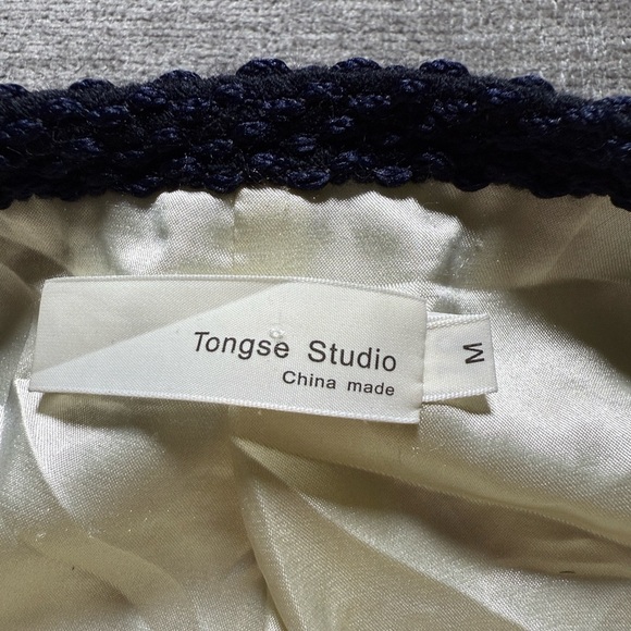 Tongse Studio Navy Cream Tweed Cotton Blend Jacket Medium Lined Open Front - Picture 10 of 10